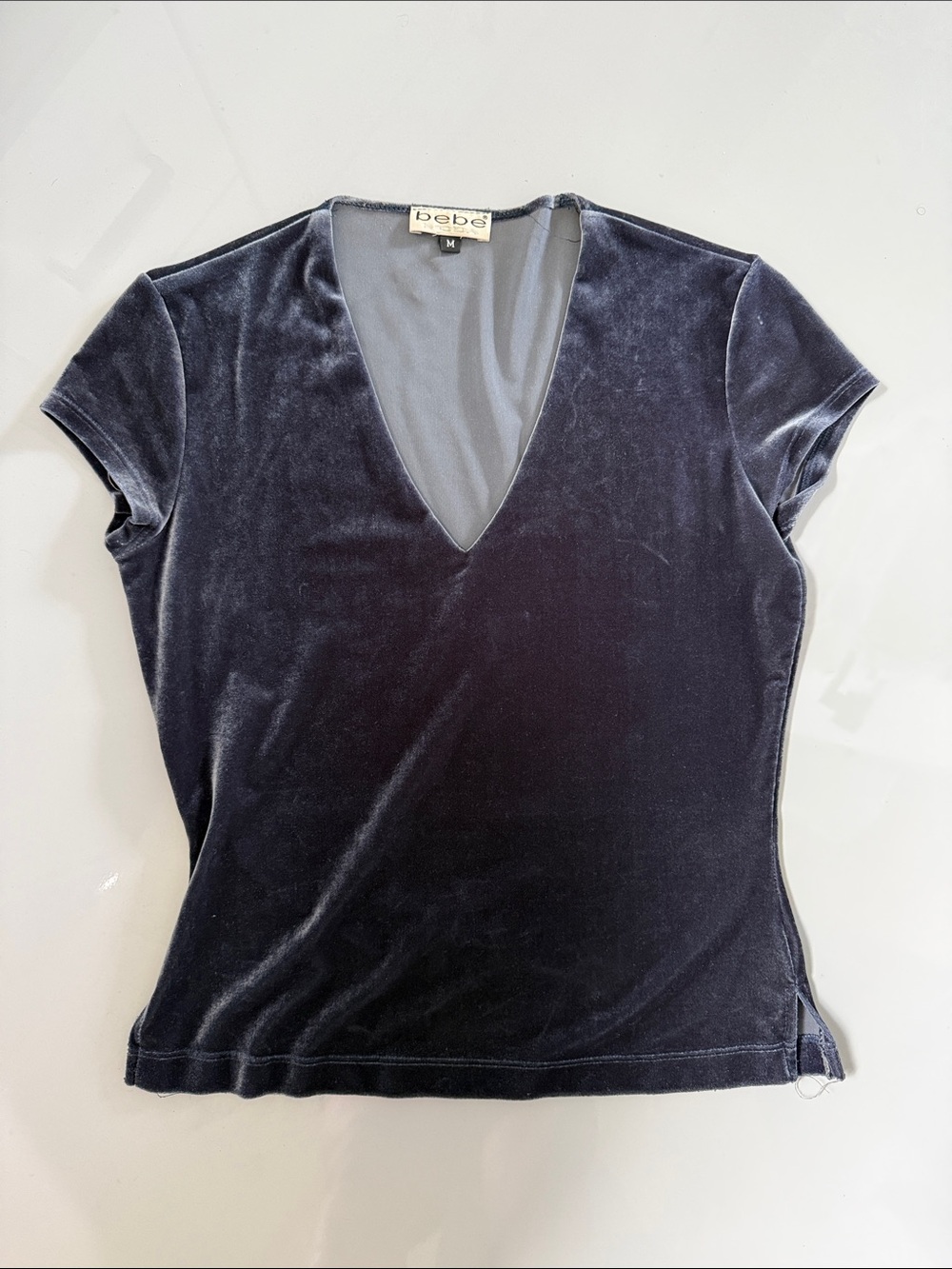 Vintage bebe Moda Short Sleeve Velvet V-Neck Top in Charcoal Gray